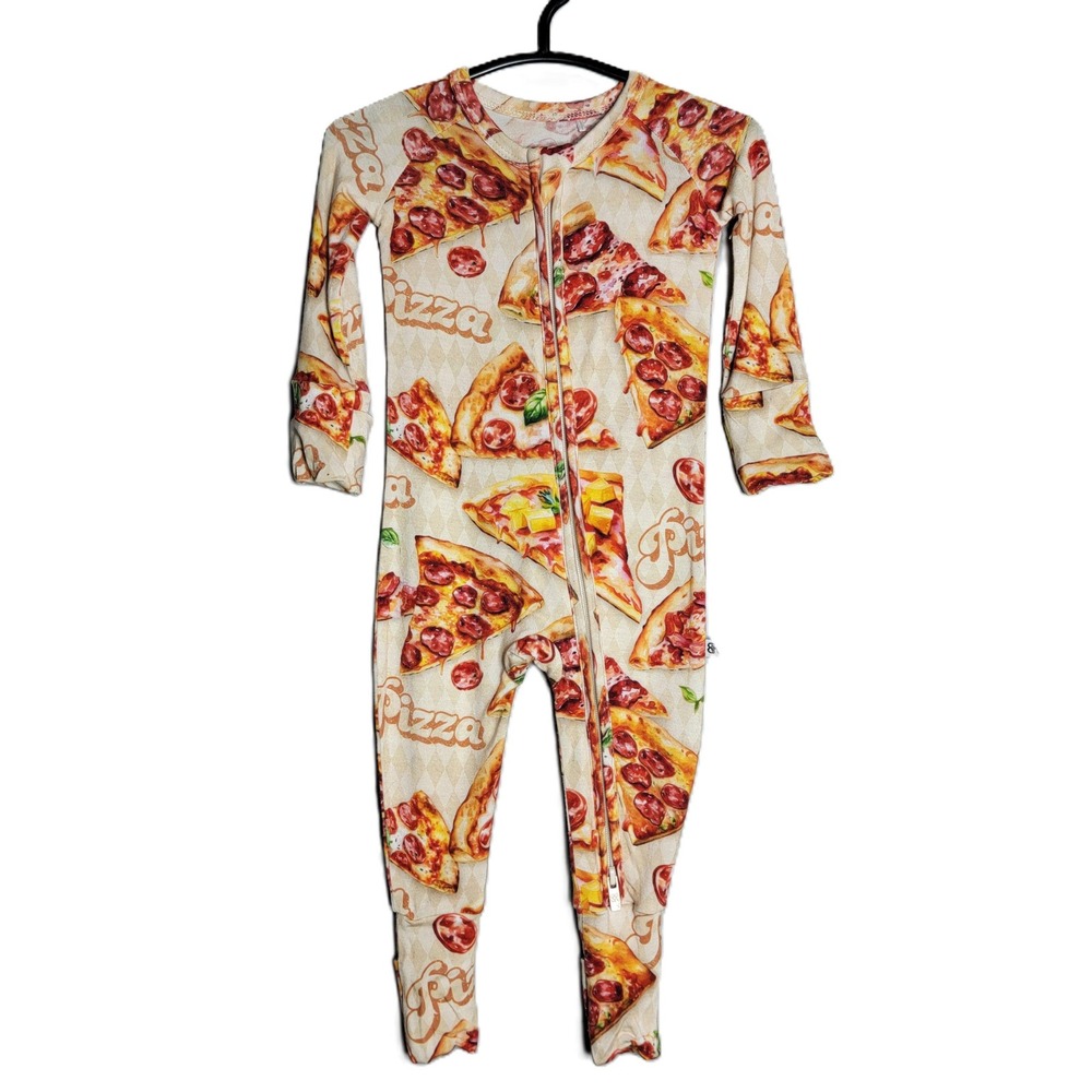 Bums‎ & Roses Bamboo Pizza Print Zippy 0-3 Months Convertible Footie Pajamas